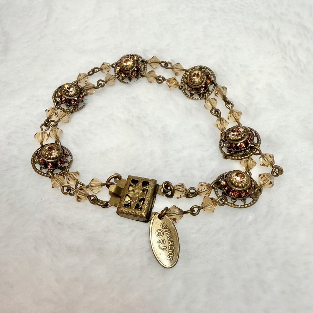 Vintage Liz Palacios Brass Tone Brown Crystal Beads Flowers Bracelet 7"